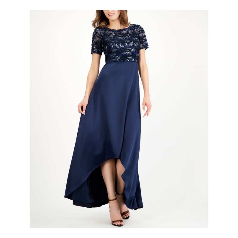 Nwt Adrianna Papell Womens Navy Lace Short Sleeve Boat Neck Maxi Formal Dress 8
